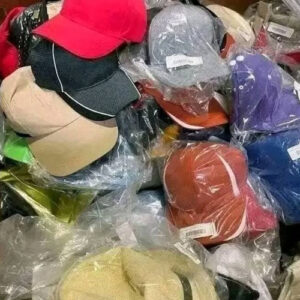 Bulk headwear liquidation hats pallet prepared for freight delivery⁠